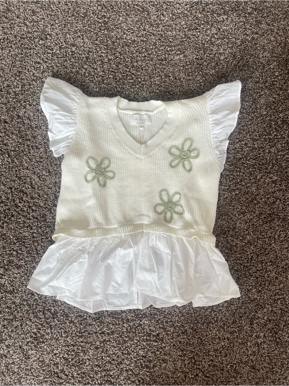 Girls White Knit Peplum Top with Light Green Flower Appliqués